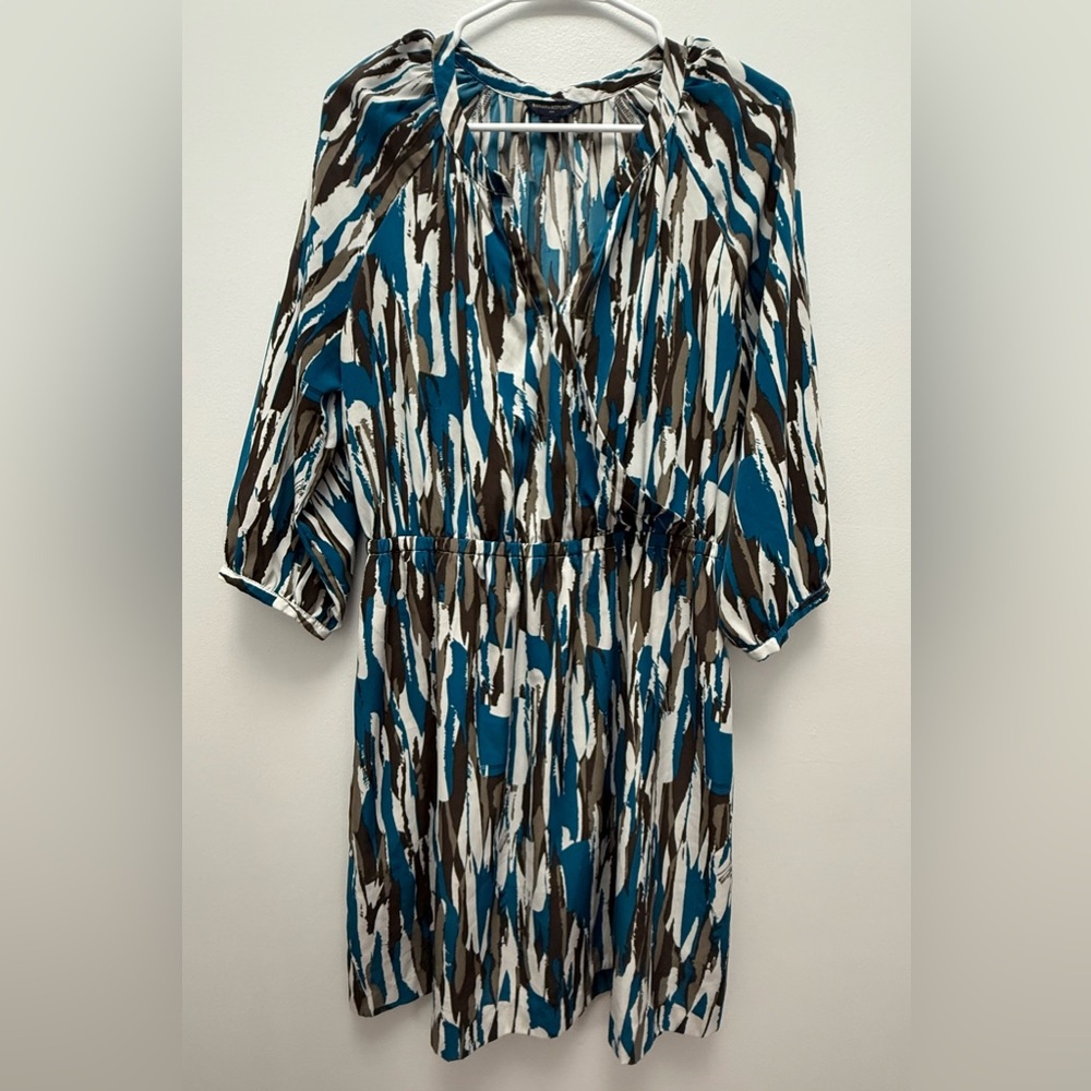 Banana Republic Teal, Black & White Brushstroke Long Sleeve Dress